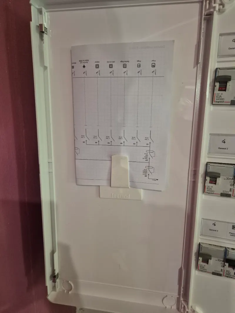 La porte ouverte d'un tableau électrique, avec le schéma de l'installation glissé à l'intérieur.